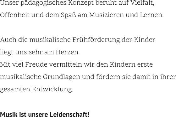 Unser pädagogisches Konzept beruht auf Vielfalt, Offenheit und dem Spaß am Musizieren und Lernen.  Auch die musikalische Frühförderung der Kinder  liegt uns sehr am Herzen.  Mit viel Freude vermitteln wir den Kindern erste musikalische Grundlagen und fördern sie damit in ihrer gesamten Entwicklung.    Musik ist unsere Leidenschaft!